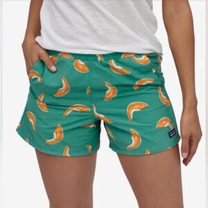 Patagonia Teal Green Athletic Shorts with Orange Print